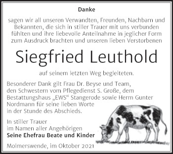 Traueranzeige von Siegfried Leuthold von Trauerkombi Mansfelder Land