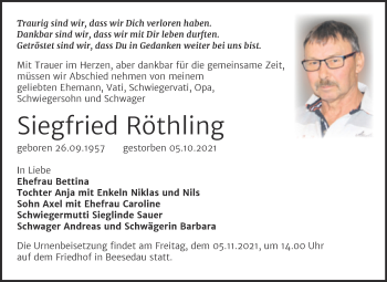 Traueranzeige von Siegfried Röthling von Trauerkombi Bernburg