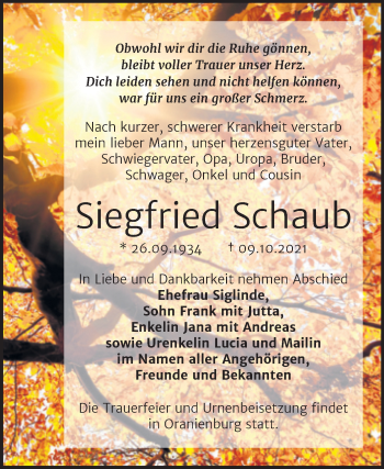 Traueranzeige von Siegfried Schaub von Trauerkombi Dessau