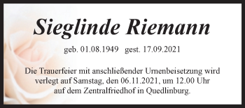 Traueranzeige von Sieglinde Riemann von Super Sonntag Quedlingburg