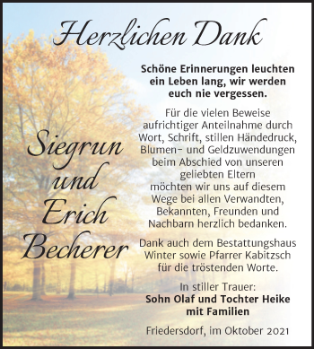 Traueranzeige von Siegrun und Erich Becherer von Trauerkombi Bitterfeld