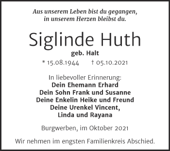 Traueranzeige von Siglinde Huth von Trauerkombi Weißenfels