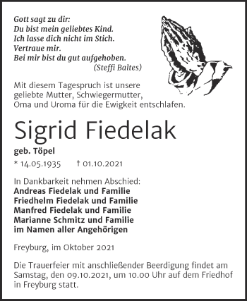 Traueranzeige von Sigrid Fiedelak von Naumburger Tageblatt