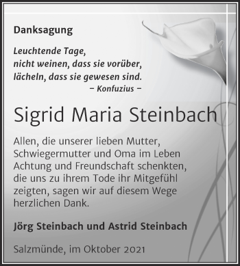 Traueranzeige von Sigrid Maria Steinbach von Mitteldeutsche Zeitung Halle/Saalkreis