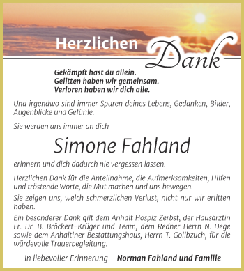 Traueranzeige von Simone Fahland von Trauerkombi Dessau