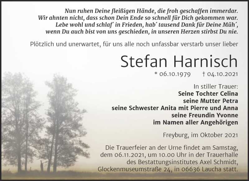  Traueranzeige für Stefan Harnisch vom 13.10.2021 aus Wochenspiegel Naumburg/Nebra
