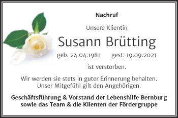 Traueranzeige von Susann Brütting von Super Sonntag Bernburg