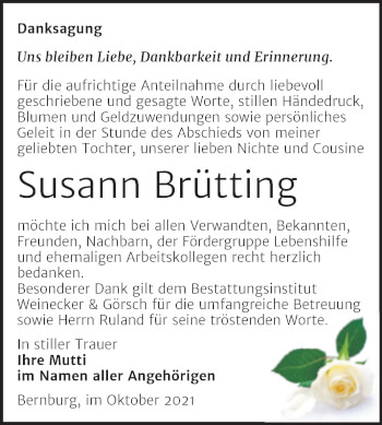 Traueranzeige von Susann Brütting von Trauerkombi Bernburg