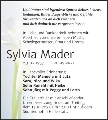 Traueranzeige von Sylvia Mader von Mitteldeutsche Zeitung Köthen