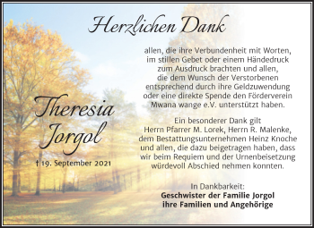 Traueranzeige von Theresia Jorgol von Trauerkombi Aschersleben