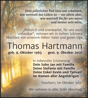 Traueranzeige von Thomas Hartmann von Trauerkombi Weißenfels