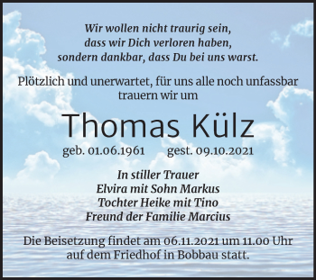 Traueranzeige von Thomas Külz von Trauerkombi Bitterfeld