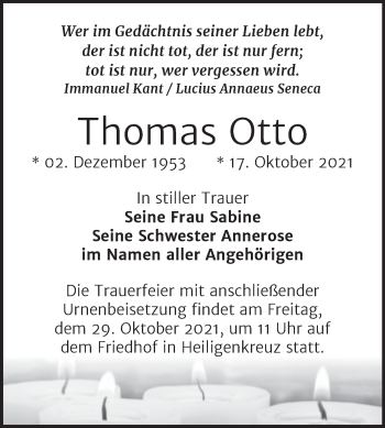 Traueranzeige von Thomas Otto von Wochenspiegel Naumburg/Nebra