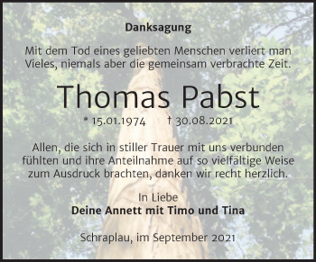 Traueranzeige von Thomas Pabst von Trauerkombi Merseburg