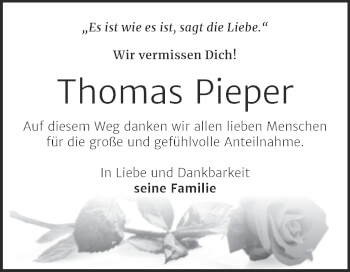 Traueranzeige von Thomas Pieper von Trauerkombi Mansfelder Land