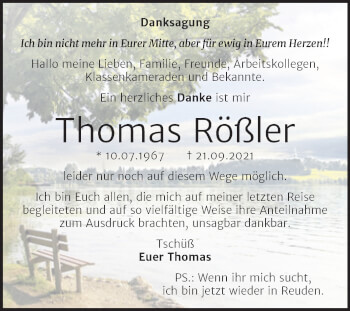 Traueranzeige von Thomas Rößler von Trauerkombi Bitterfeld