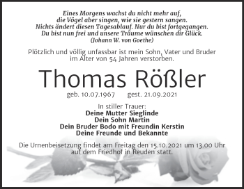 Traueranzeige von Thomas Rößler von Trauerkombi Bitterfeld