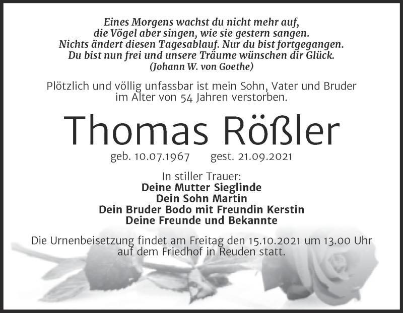  Traueranzeige für Thomas Rößler vom 06.10.2021 aus Trauerkombi Bitterfeld