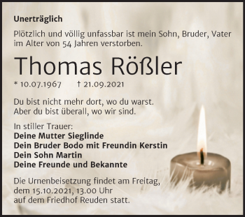 Traueranzeige von Thomas Rößler von Trauerkombi Bitterfeld