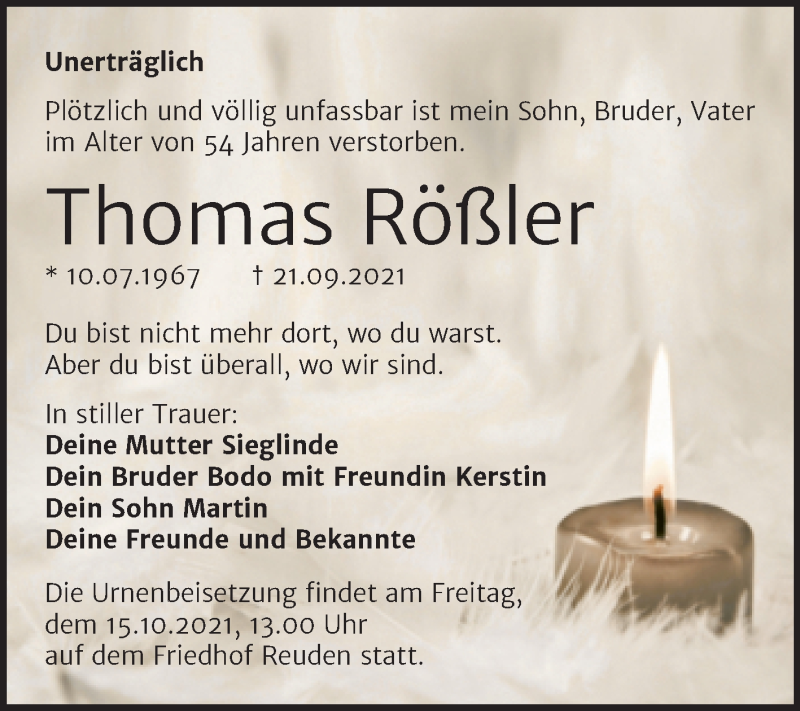  Traueranzeige für Thomas Rößler vom 09.10.2021 aus Trauerkombi Bitterfeld