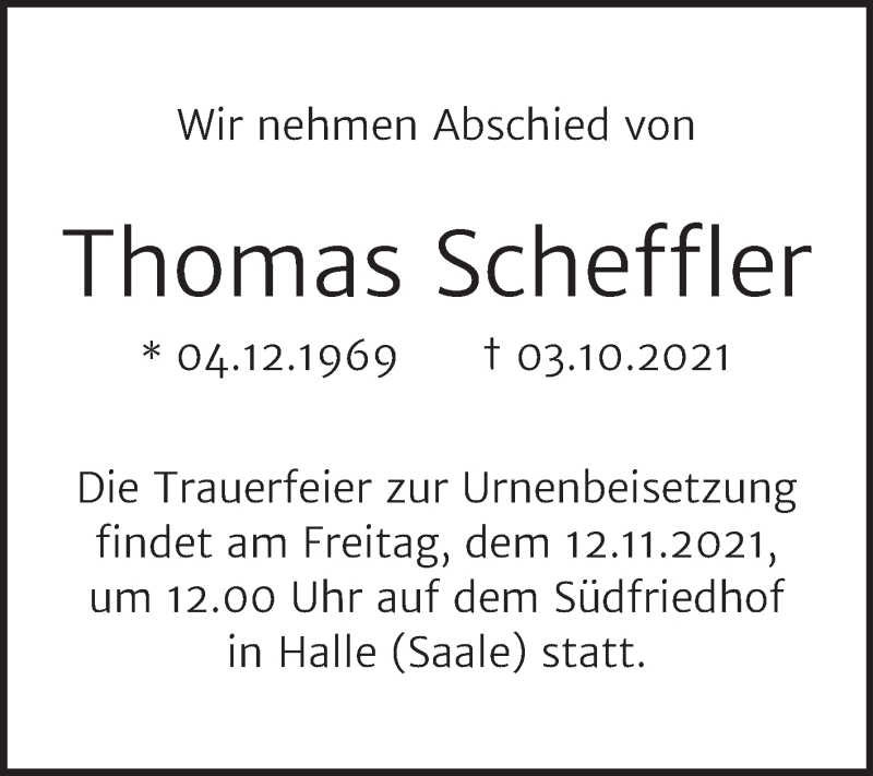  Traueranzeige für Thomas Scheffler vom 30.10.2021 aus Mitteldeutsche Zeitung Halle/Saalkreis