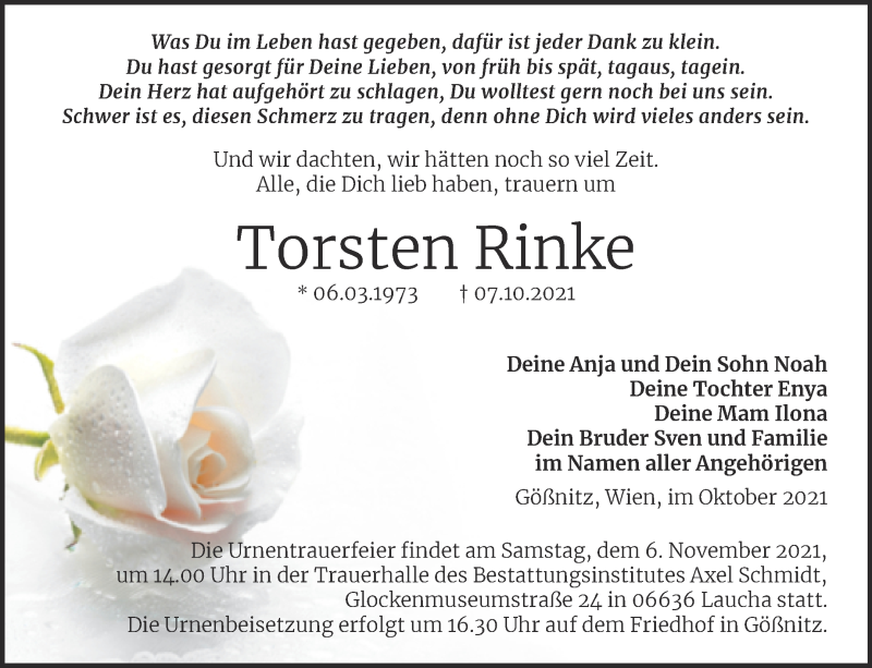  Traueranzeige für Torsten Rinke vom 20.10.2021 aus Wochenspiegel Naumburg/Nebra