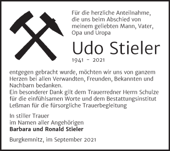 Traueranzeige von Udo Stieler von Trauerkombi Bitterfeld