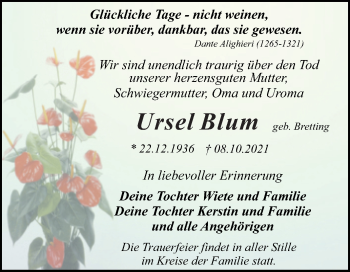 Traueranzeige von Ursel Blum von Trauerkombi Dessau