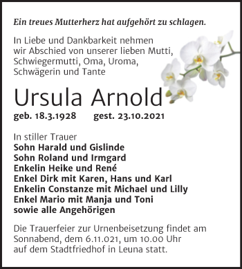Traueranzeige von Ursula Arnold von Trauerkombi Merseburg