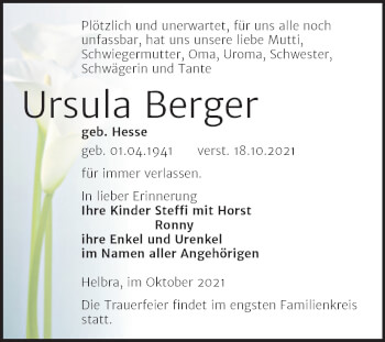 Traueranzeige von Ursula Berger von Trauerkombi Mansfelder Land