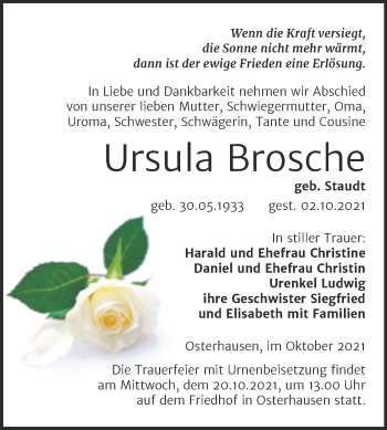 Traueranzeige von Ursula Brosche von Trauerkombi Mansfelder Land