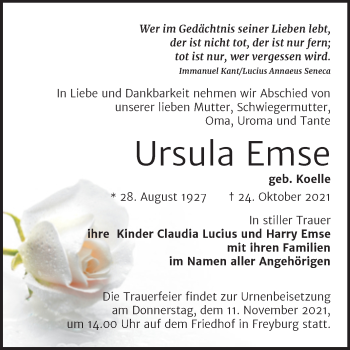 Traueranzeige von Ursula Emse von Naumburger Tageblatt