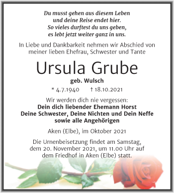 Traueranzeige von Ursula Grube von Trauerkombi Köthen