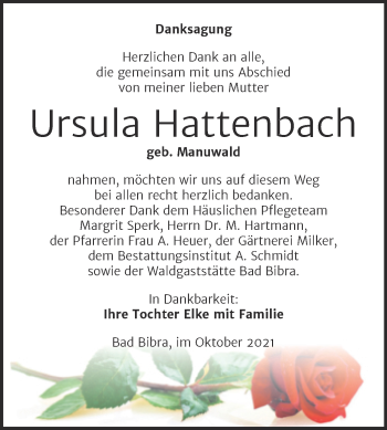 Traueranzeige von Ursula Hattenbach von Wochenspiegel Naumburg/Nebra
