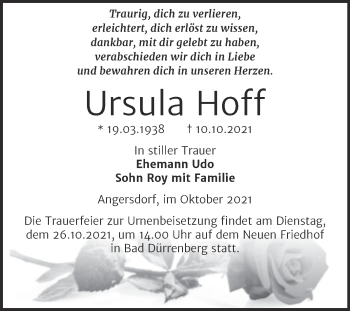 Traueranzeige von Ursula Hoff von Mitteldeutsche Zeitung Halle/Saalkreis