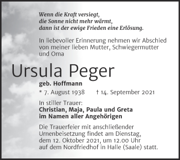 Traueranzeige von Ursula Peger von Mitteldeutsche Zeitung Halle/Saalkreis