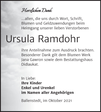 Traueranzeige von Ursula Ramdohr von Trauerkombi Quedlinburg