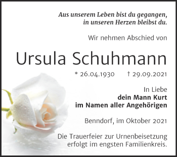 Traueranzeige von Ursula Schuhmann von Trauerkombi Mansfelder Land