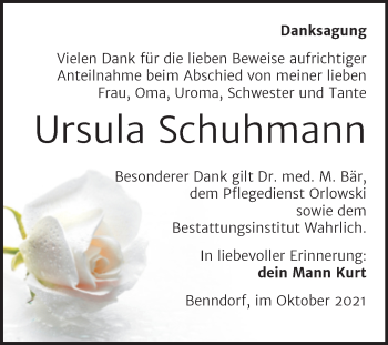Traueranzeige von Ursula Schuhmann von Trauerkombi Mansfelder Land
