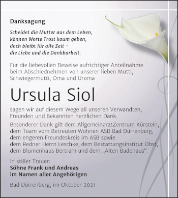 Traueranzeige von Ursula Siol von Trauerkombi Merseburg