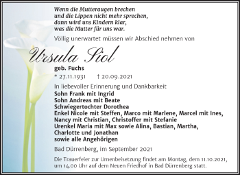 Traueranzeige von Ursula Siol von Trauerkombi Merseburg