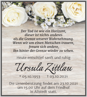 Traueranzeige von Ursula Zittlau von Trauerkombi Sangerhausen