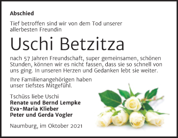 Traueranzeige von Uschi Betzitza von Wochenspiegel Naumburg/Nebra