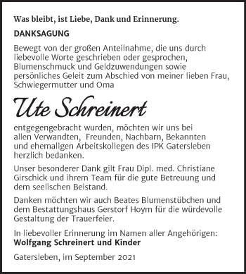 Traueranzeige von Ute Schreinert von Trauerkombi Aschersleben