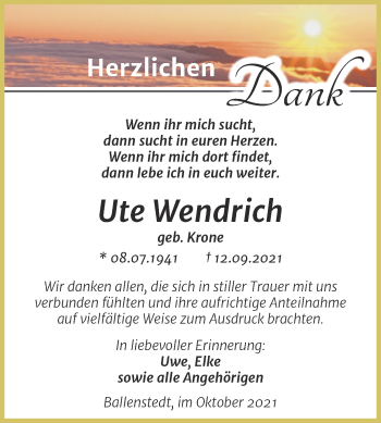 Traueranzeige von Ute Wendrich von Trauerkombi Quedlinburg