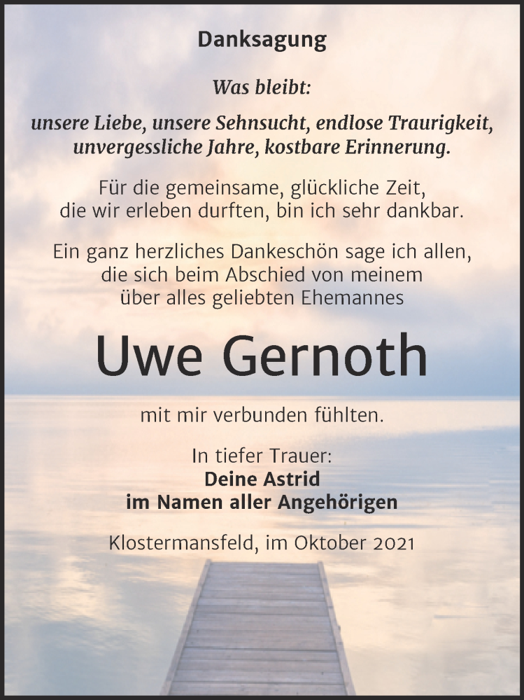  Traueranzeige für Uwe Gernoth vom 09.10.2021 aus Trauerkombi Mansfelder Land