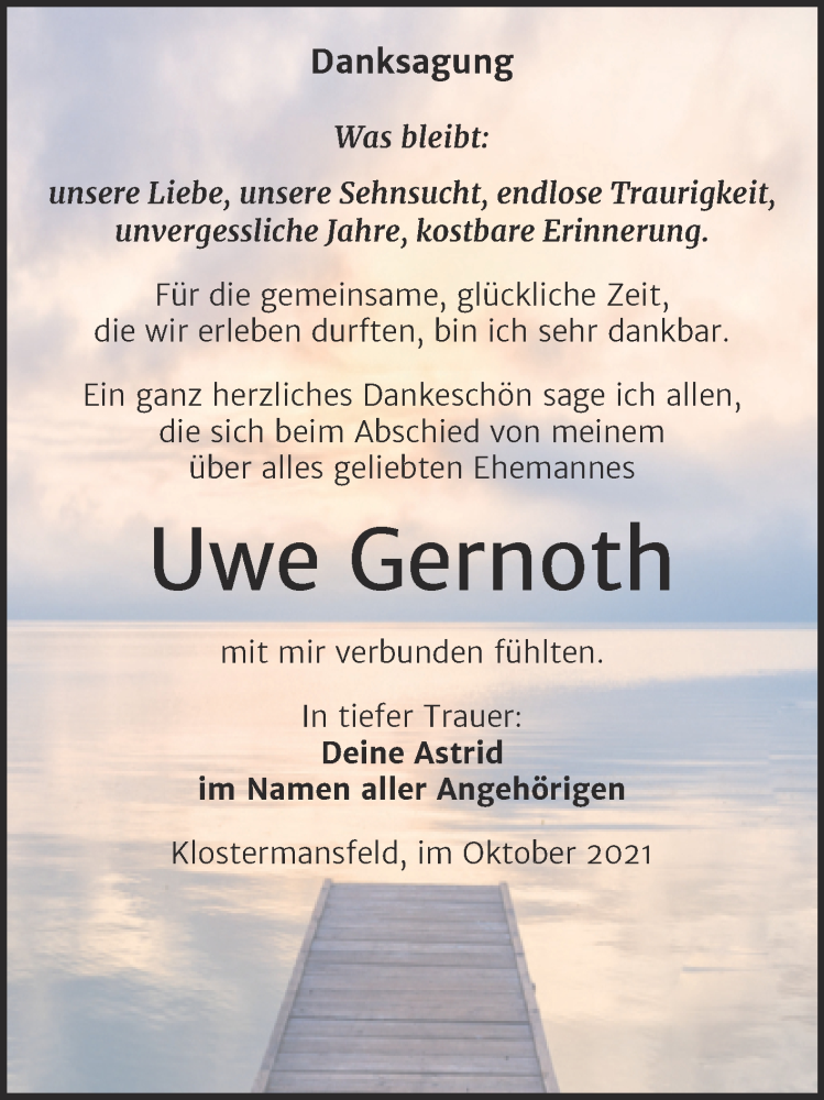  Traueranzeige für Uwe Gernoth vom 13.10.2021 aus Trauerkombi Mansfelder Land