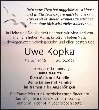 Traueranzeige von Uwe Kopka von Trauerkombi Merseburg
