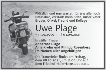 Traueranzeige von Uwe Plage von Mitteldeutsche Zeitung Halle/Saalkreis