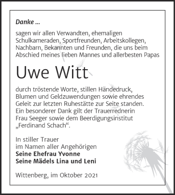 Traueranzeige von Uwe Witt von Trauerkombi Wittenberg